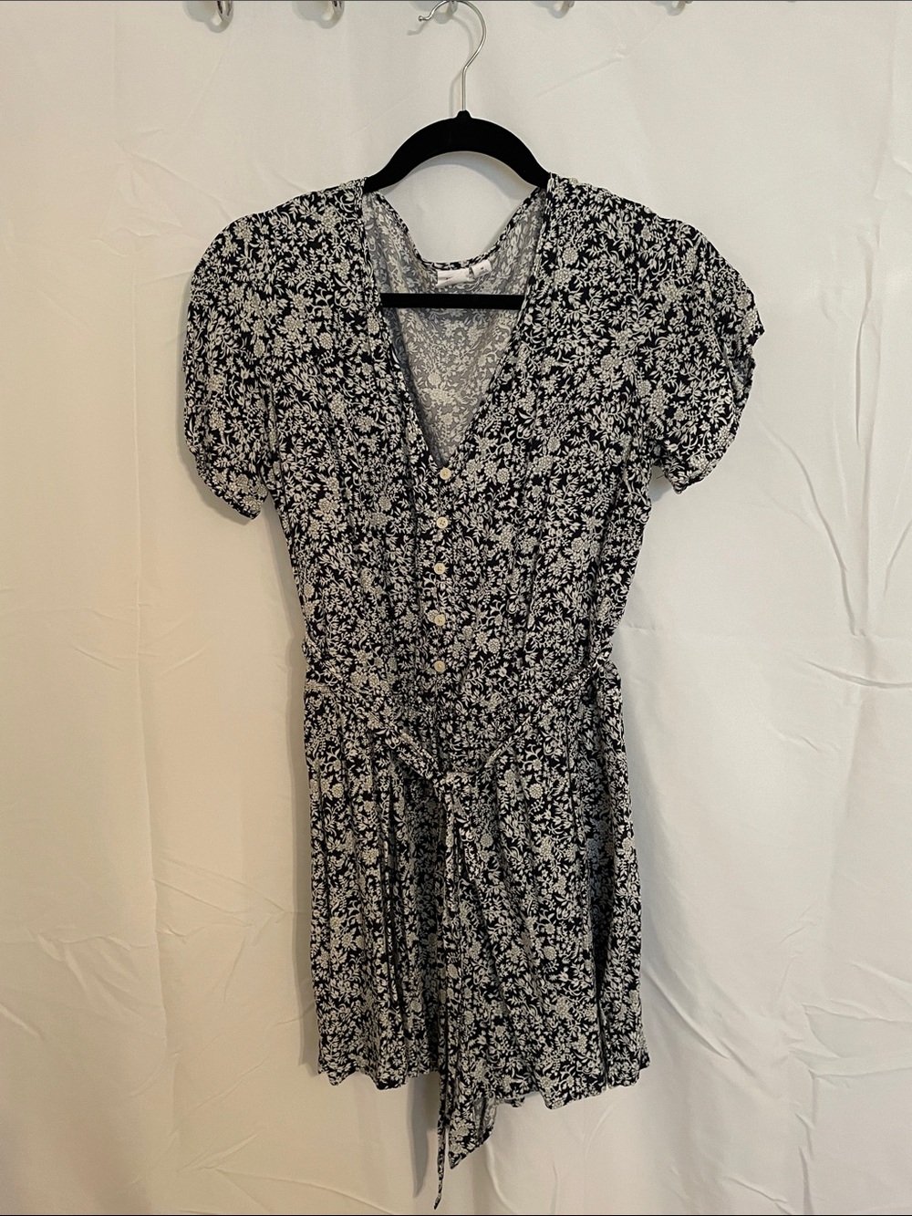 GAP Black and White Floral Romper with Tie Waist